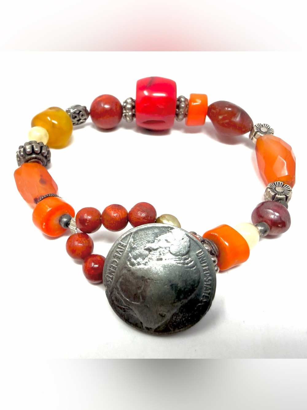 VTG Buffalo Nickel Bracelet Bamboo Coral Carnelian Stone Bracelet Boho Native